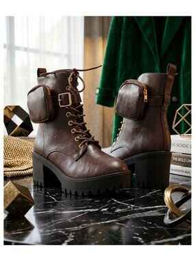 Brown Combat Boots With Chunky Heel & Detachable Side Pouches